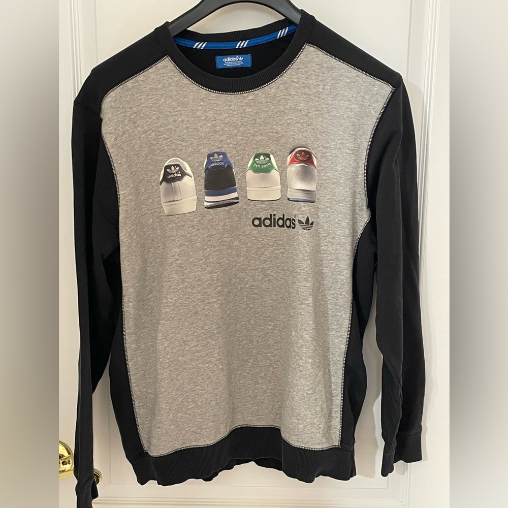 Vintage Adidas Gray and Black Crewneck with Sneaker Design